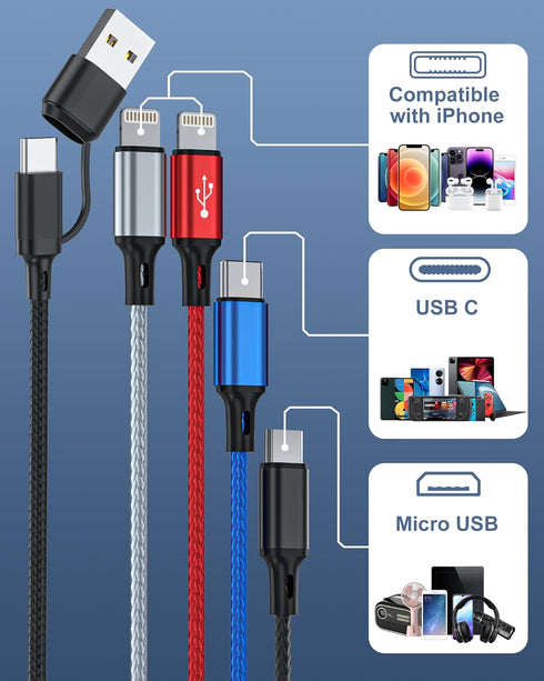 seynli (3-Pack) 6-in-1 Multi Charging Cable 6ft, Charging Cables for Multiple Devices, Compatible with iPhone, USB-C, Micro USB - Multi End Chargi...
