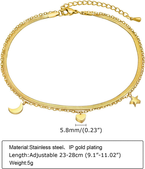 MengPa Women Dainty Anklet,Gold Plated Double Layered Summer Dainty Boho Beach Foot Chain (Star-Heart-Moon) US4618A...