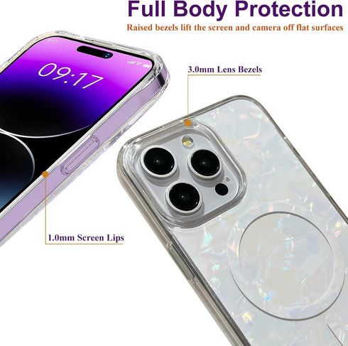 for iPhone 15 Pro Case Compatible with MagSafe,Cute Magnetic Hard Back Shockproof Women Phone Case for iPhone 15 Pro 6.1"- White Pearl Tort...