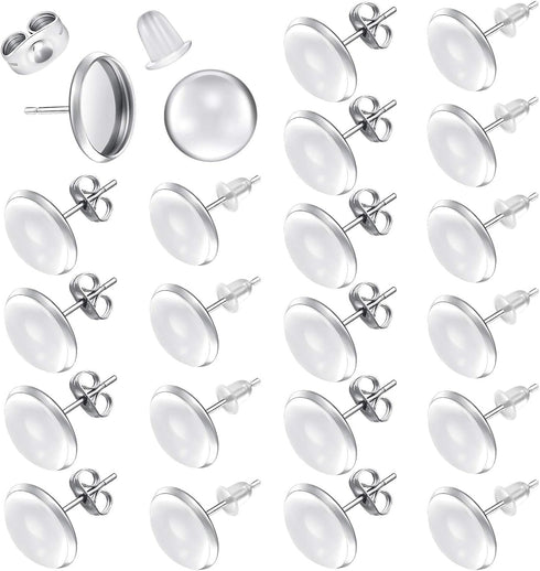 200 Pieces Stud Earring Kit, Including 50 Pieces 12 mm Stainless Steel Blank Stud 50 Rubber Back, 50 Pieces 12 mm Clear Glass Cabochons 50 Stainle...