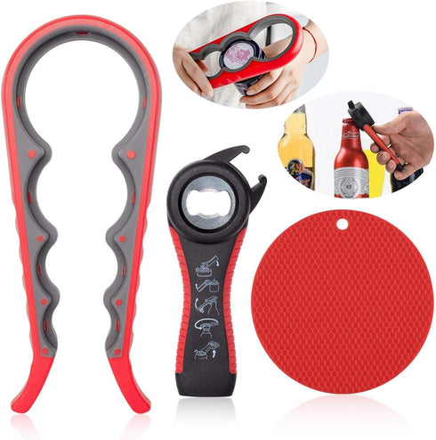Jar Bottle Opener Non Slip Jar Gripper - Pad Rubber Jar Can Lid Opener,5 in 1 Multi Function Non-Slip Opener for Weak,Senior, Arthritis Hands (3-p...