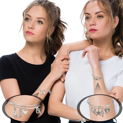 363 Pcs Silver Expandable Bangle Bracelets Charm Bracelets DIY Kit, 17 Pcs Adjustable Wire Bangles, 146 Pcs Charms Pendants, 200 Pcs Open Jump Rin...