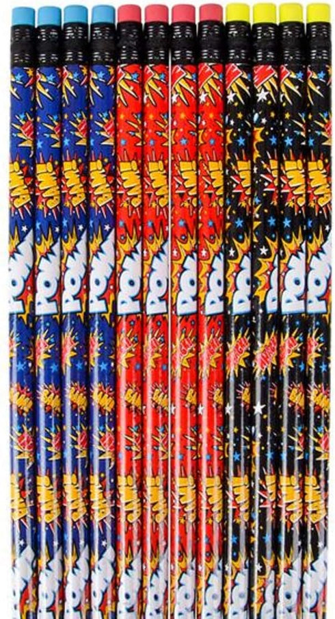 Assorted Superhero Pencils (Pack of 24) Super Hero 7.5 inches (1 Pack - 24 Pencils) Colorful - Blue, Red and Black. Pow! Bam! Whack!...