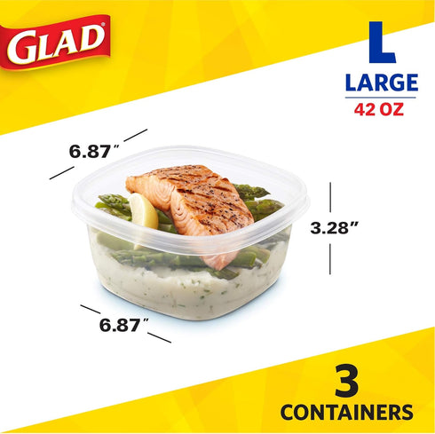 Glad GladWare Tall Entrée Food Storage Containers | Large Square Containers for Food Hold up to 42 Ounces of Food, 3 Count | Strong and Sturdy Lar...