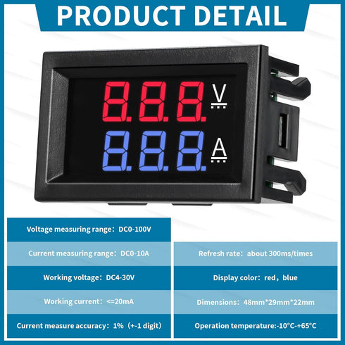 10 Pcs 0.28 Digital Voltmeter Ammeter 100V 10A Volt Amp Meter Current Voltage Tester with Connect Wires Red Blue Dual LED Multimeter Display Panel...