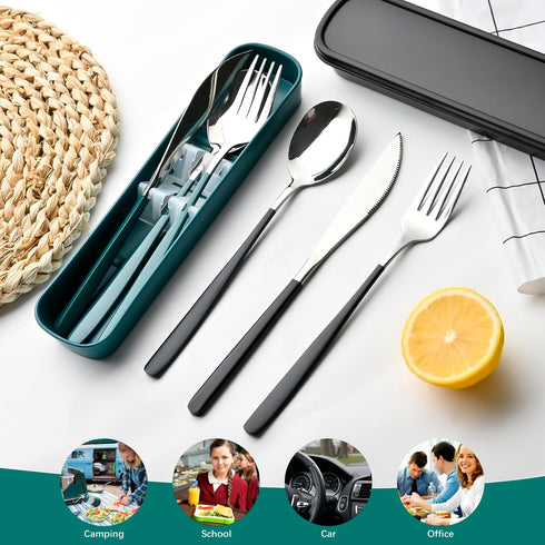 Travel Utensils with Case, 4pc Reusable Utensils Set with Case, Camping Utensil Set, Portable Silverware Lunch Utensils Set for Work Camping Schoo...