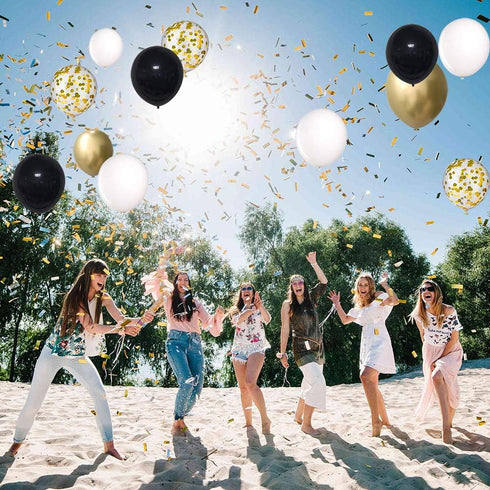 Black and Gold Confetti Balloons, 50 Pack 12inch White Latex Party Balloon Set with Gold Ribbon for New Year Graduation Birthday Baby Shower Decor...