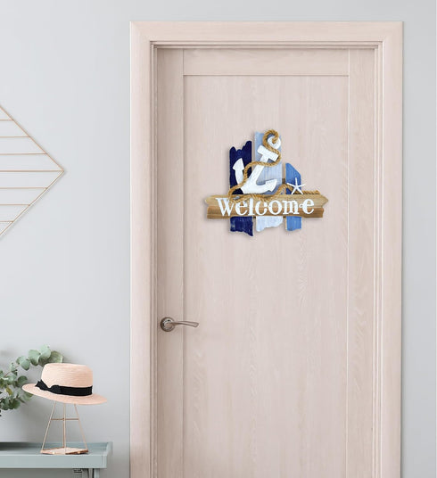 CoTa Global Atlantic Anchor Welcome Nautical Decor Sign - Nautical Themed Wood Sign, Beach Decor for Wall, Novelty White and Blue Starfish and Anc...