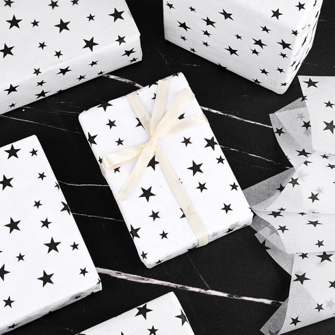 Bolsome 120 Sheets 20 * 14 Inches White Tissue Paper with Black Stars, Black Star Tissue Paper for Gift Wrapping, Black Stars Tissue Paper for Gif...