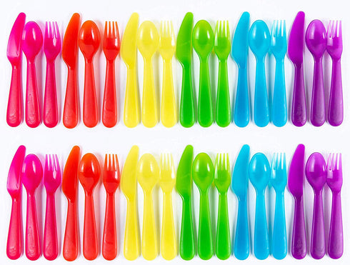 Kids Plastic Dinnerware Set of 36 Multi Color Flatware (Spoons, Forks and Knives) - Reusable, BPA-Free, Dishwasher Safe and Microwaveable...