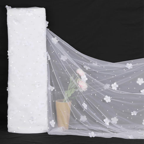 3D White Flower Pearl Tulle Fabric 3 Yard DIY Crafts Sheer Mesh Fabric for Romantic Wedding Table Decorations Wedding Clothes...