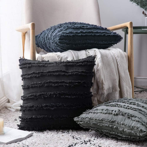 MIULEE Set of 2 Decorative Boho Throw Pillow Covers Linen Striped Jacquard Pattern Cushion Covers for Sofa Couch Living Room Bedroom 18x18 Inch Bl...