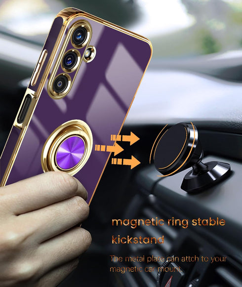 Dretal for Samsung Galaxy A15 5G Case, Screen Protector, 360° Rotatable Ring Holder Magnetic Kickstand,Plated Gold Edge Slim Soft TPU Protective P...