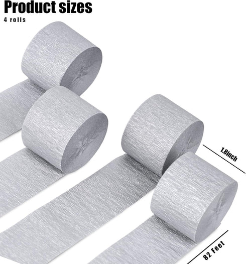Koogel 4 Crepe Paper Rolls, Silver Crinkled Paper Crepe Paper Streamers Party Decorations for Paper Crafts Birthday Wedding 1.8 Inch x 82 Ft/Roll...