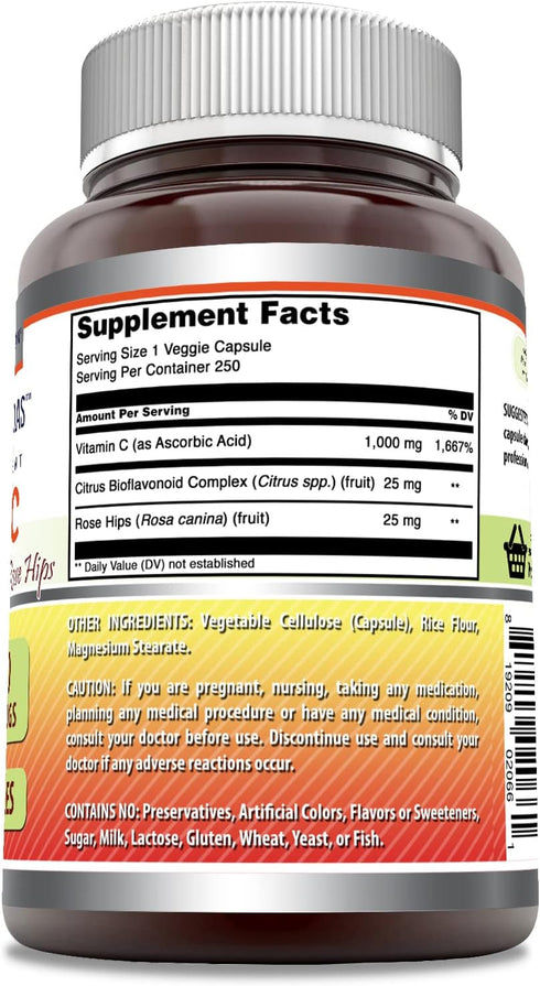 Amazing Formulas Vitamin C (Ascorbic Acid) 1000 mg with Rose HIPS & Citrus Bioflavonoids | Veggie Capsules Supplement | Non-GMO | Gluten Free | Ma...