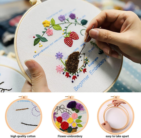 MAMUNU Embroidery Stitch Practice Kits, 3 Sets Animal Flower Stamped Pre Printed Cross Stitch Kits, Full Range of Embroidery Starter Kit with Hoop...