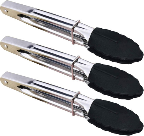 Mini Tongs with Silicone Tips 7-Inch Kitchen Tongs, Set of 3 (Black)...