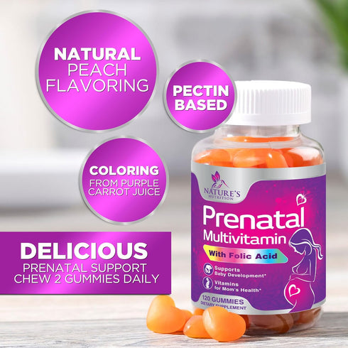 Prenatal Gummy Vitamins for Women, Prenatal Multivitamin with Folic Acid for Fetal Support, Vitamin A, C, D3, B12 & B6, Nature's Pregnancy Vitamin...