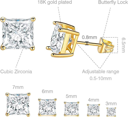 GEMSME 18K Gold Plated Princess Cut Clear Cubic Zirconia Stud Earrings Pack of 5 (gold)...