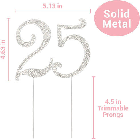 25 Cake Topper - Premium Silver Metal - 25th Birthday or Anniversary Party Sparkly Rhinestone Decoration Makes a Great Centerpiece - Now Protected...