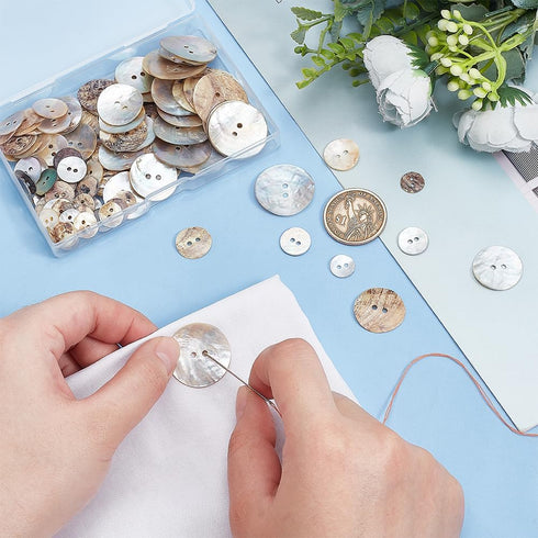 PH PandaHall 100pcs Natural Shell Buttons, 2-Hole Sewing Buttons 10/12/15/20/25mm Round Shell Buttons Craft Seashell Buttons for Cloth Coats Suits...