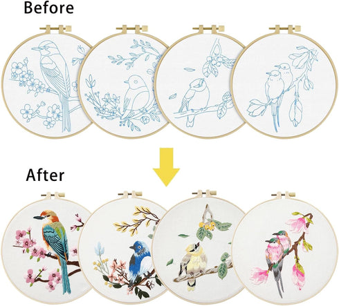 Phylisn 4 Sets Embroidery Kit for Beginners Adults,Needlepoint Starter DIY Kits with Patterns,Hoop,Color Threads,Tools,Easy Learn to Embroider wit...