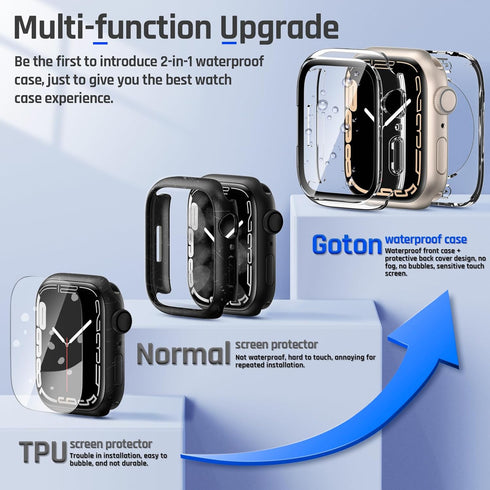 Goton 2 in 1 Waterproof Case for Apple Watch Series 9 8 7 Screen Protector 41mm, 360 Protective Glass Face Cover Hard PC Bumper + Back Frame for i...