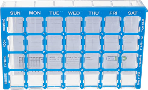 Ezy Dose Weekly (7-Day) Pill Case, Medicine Planner, Vitamin Organizer Box, Small Compartments with Easy Fill Tray, 4 Times a Day, Clear Lids, Col...