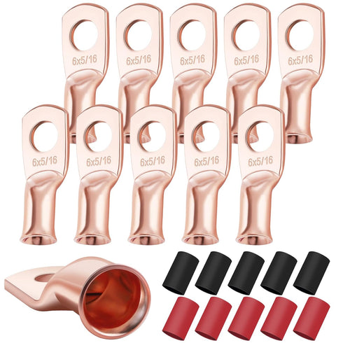 XHF 10PCS 6 AWG-5/16" Heavy Duty Battery Lugs with 3:1 Heat Shrink Tubing, Ring Terminals Battery Cable Ends Copper Eyelets Electrical Battery Con...