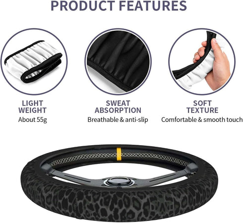 Leopard Steering Wheel Covers Non Slip Neoprene Steering Wheel Protector Cover Universal 15 Inch for Men Women (Black Green Grey)...