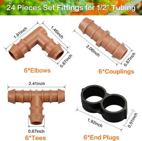 Drip Irrigation Fittings Kit for 1/2 inch Tube (0.600”ID), 24 Pieces Drip Irrigation Parts Set - 6 Tees, 6 Couplings, 6 Elbows, 6 End Caps, Drip L...
