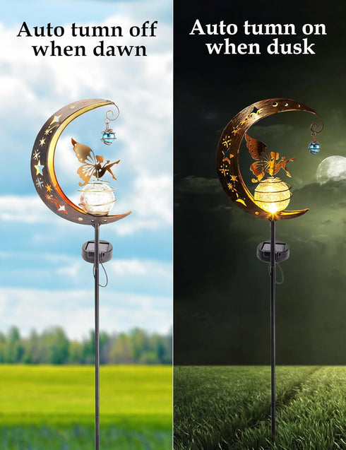Solar Powered Garden Decor Lights Moon Fairy Crackle Glass Globe with Gold Angel Decor Waterproof Stake Lights for Pathway, Yard, Lawn, Patio Outd...
