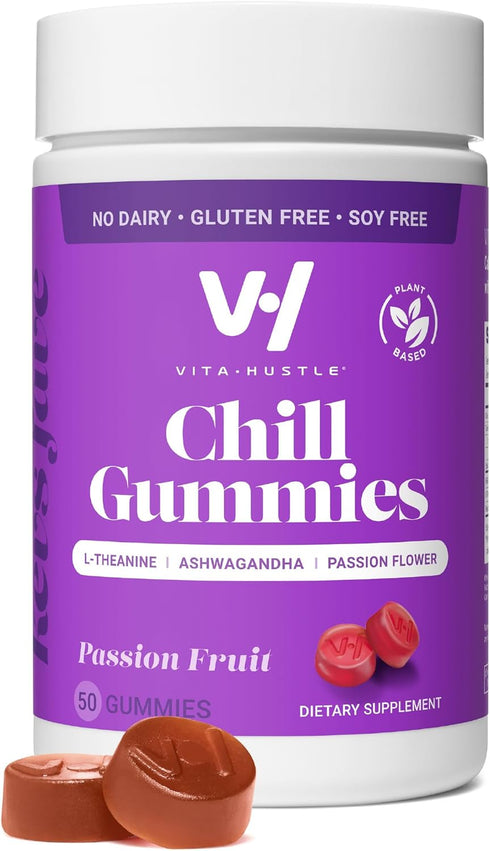 VitaHustle Chill Gummies for Stress Relief, 300 mg KSM 66 Ashwagandha, L-Theanine, Vegan, Mood Gummies, Balance Cortisol, Focus (Passion Fruit) 50...