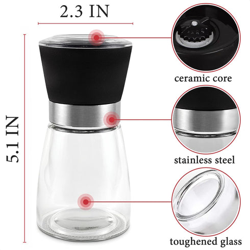 Manual Refillable Pepper Grinder - 6 Oz Refillable Glass Grinders for Pepper, Salt, and Other Spices, Adjustable Rotor with 5 Settings, Scratch-Re...