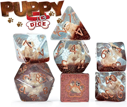 Gate Keeper Games and Dice: Inclusion Dice: Puppy Dice - 7pc RPG Set, Tan Puppy in Clear Resin w/ Brown Glitter, 7 Resin Dice for Role Playing Gam...