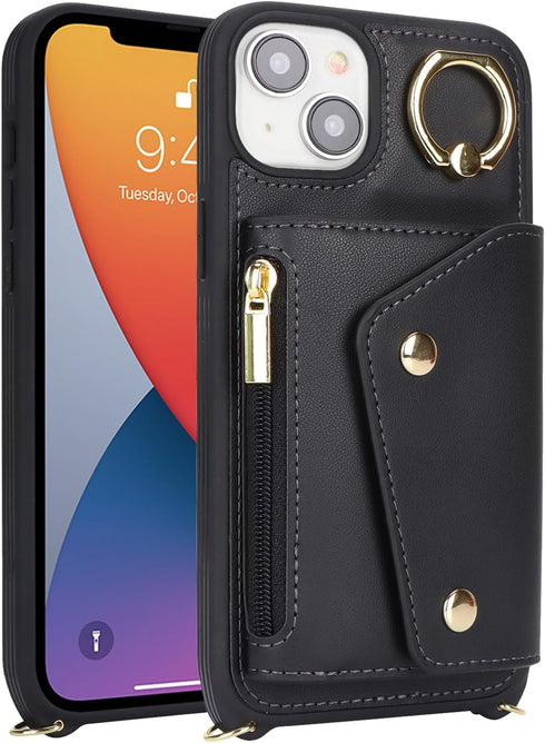 for iPhone 13 Case with Card Holder and Strap - Zipper Pocket,Crossbody Lanyard Strap,Credit Card Holder,Stand Ring,Cute Phone Wallet Case for Wom...