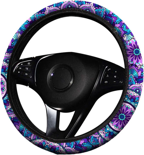4 Pieces Mandala Purple Lotus Steering Wheel Cover Set with 2pcs Car Cup Coasters & Quarter Keyring, Cute and Fashionable Non-Slip Purple Steering...