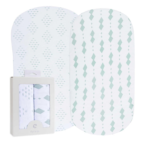 Bassinet Sheets Fitted Cover - Flexible Fit 100% Soft Jersey Knit Cotton - Neutral Grey Sage Diamond - 2 Pack Set...