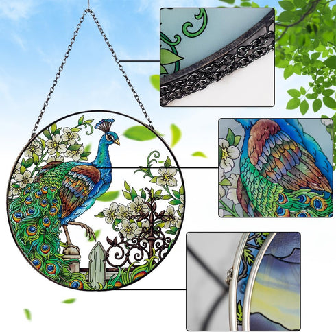 Peacock Stained Glass Suncatcher Window Wall Hanging Decor Ornament 6.5''*6.5'', Hand-Painted Sun Catcher Glass Panel Decor Art Home Garden Decor ...