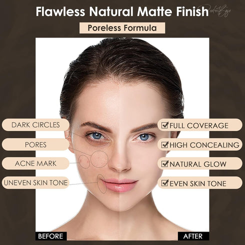 FOCALLURE PerfectBase Lasting Poreless Liquid Foundation, Medium to Full Coverage with Matte Finish, Covers Blemishes & Under-Eye Circles for All ...