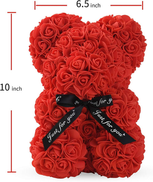 LINKLO Rose Bear Rose Teddy Bear -10 inch Artificial Rose Flower Bear, Gift for Wedding, Mothers Day and Anniversary, Including Transparent Gift B...