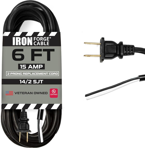 Iron Forge Cable 14 AWG Replacement Power Cord with Open End - 6 Ft Black Extension Cable, 2 Wire 14/2 SJT...