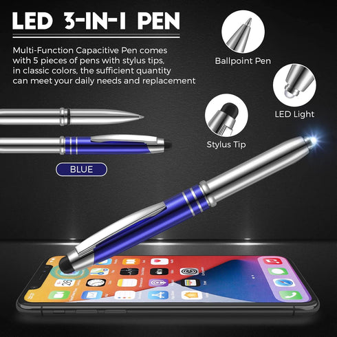 5 Pieces Stylus Pen for Touchscreen Devices Multi-function Capacitive Pen with LED Flashlight Writing Pens with Ballpoint 3 in 1 Metallic Pens Inv...