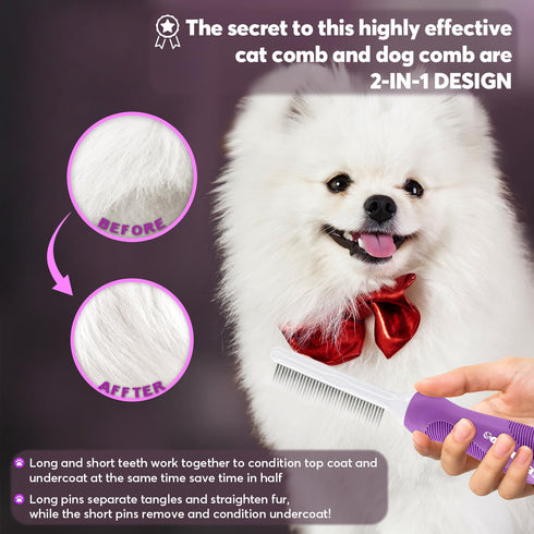 Grooming Comb for Dogs and Cats with Matted Hair, Detangling Pet Comb with Long and Short Stainless Steel Metal Fine Teeth for Removing Mats, Tang...