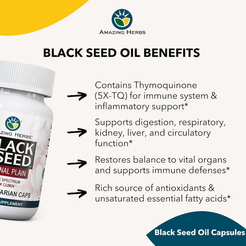 Amazing Herbs Whole Spectrum Black Seed Original Plain, Vegetarian Capsules - Gluten Free, Non GMO, Cold Pressed Nigella Sativa Aids in Digestive ...