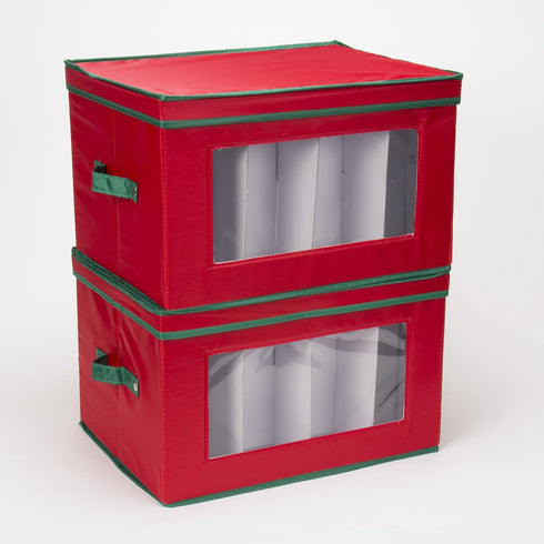 Household Essentials 540RED Holiday China Storage Chest with Lid and Handles, Cocktail Glasses and Red Canvas with Green Trim...