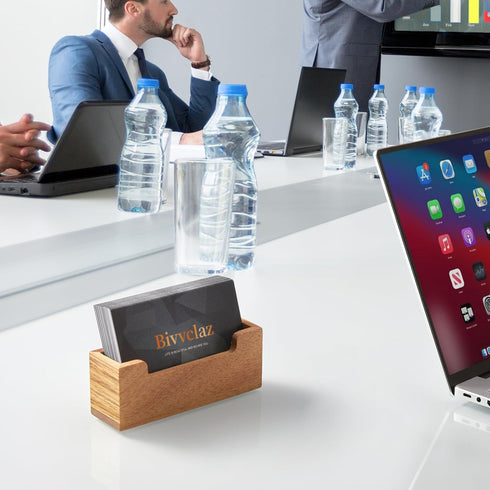 Business Card Holder for Desk, Acacia Wood Business Card Organizer Desktop Business Card Display Stand for Office Home Tabletop Exhibition, Small ...