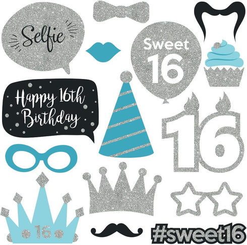Fully Assembled Sweet 16 Birthday Photo Booth Props - Set of 30 - Teal Blue & Silver Selfie Signs - 16th Party Supplies & Decorations - 16th Bday ...