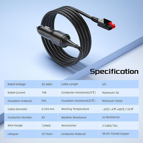 4.9FT Car Cigarette Lighter Plug to Anderson Extension Cable, Built-in Resettable Fuse, for Portable Power Station Solar Generator with Anderson C...
