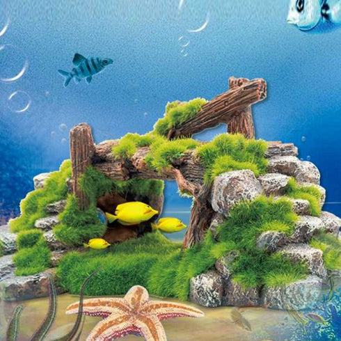 Fish Tank Decoration Moss Rockery Stone Plants Wood Ruins Landscaping Turtle Tank Decoration Fish Shrimp Shelter...